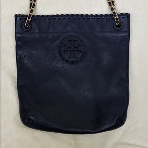 Authentic Tory Burch Leather Tote Chain Shoulder Bag Navy Pebbled Leather Large